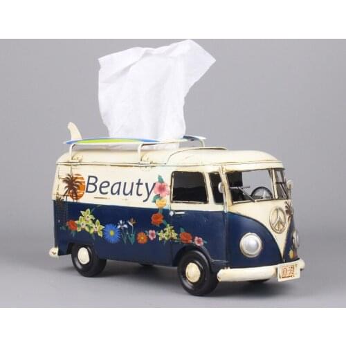 Multicolor Flower Bus Model Figurines Retro Car Tissue Box Home Decoration Ornaments Crafts Vintage Ornaments Living Room Decor