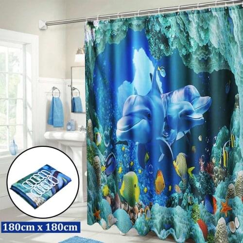 3D Dolphin Ocean Fish Shower Curtain Set Pedestal Rug Lid Toilet Seat Cover Bath Mat Waterproof Bathroom Curtains with 12 Hooks
