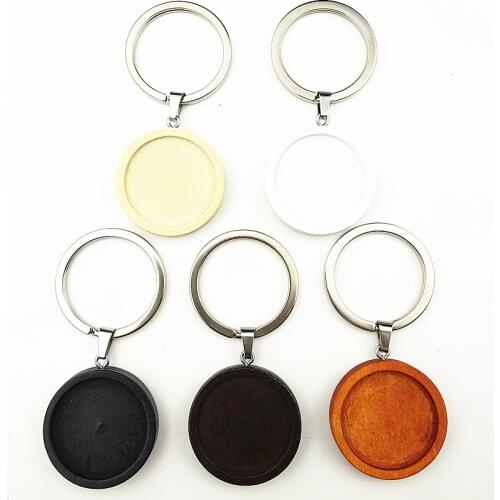 New style24pcs Dark brown,black,white,log wood cabochon trays 25mm dia blank bezel with stainless steel ring for keychain making