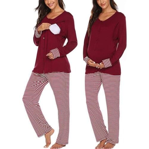 Long-Sleeved maternity pajama kit Button pregnancy nightgown Nursing top breastfeeding Jacket Adjustable Striped pants set