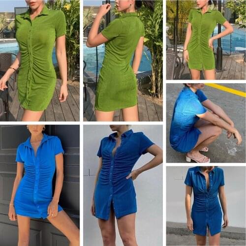 2021 Women New Fashion Short Sleeve Ruched Cardigan Dress Stylish Buttons Solid Color Buttocks Dress for Ladies Female