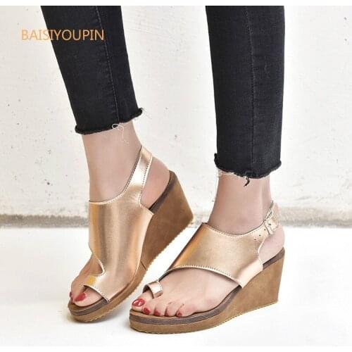 Plus Size Women Pumps Sandals Summer Casual 5cm High Heels Flock Solid Shallow Med (3cm-5cm) Wedges Leisure Female Sandals 35-43