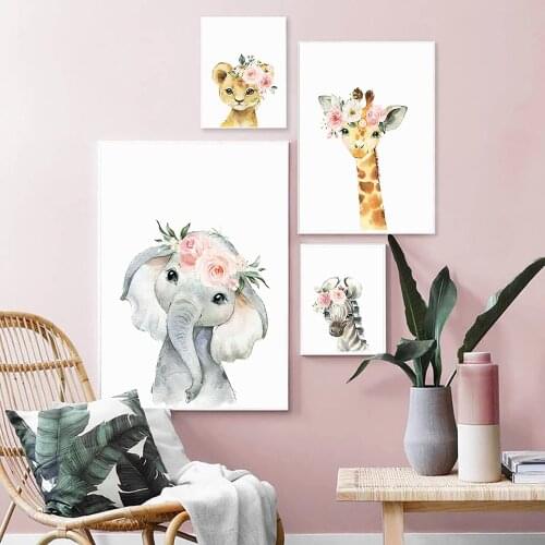 Pink Rose Flowers Safari Animal BAby Girl Nursery Wall Art Canvas Painting Nordic Posters and Prints Giraffe Pictures Kids Room