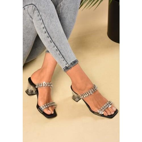 Shoeberry Women Black Transparent Tasli Banded Heels Slippers