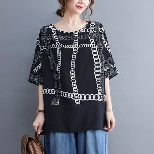 Print Chain Thin Soft Chiffon Shirts Loose Tops Korea Style Street Fashion Loose Summer T Shirts Women Casual T Shirt Tees
