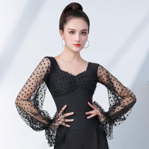 Doubl Modern Dance Top Beautiful Clothes New Hollow Sexy Polka Dot Mesh Halter Waltz Jumpsuit Western-Style Puff Sleeves U-Neck