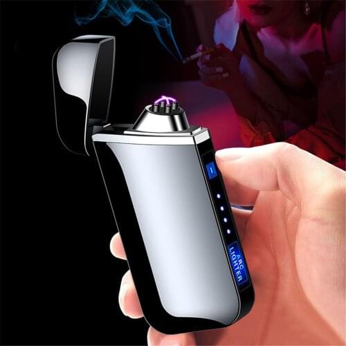 Windproof Cigarette Lighter LED Power Intelligent Portable Flameless Metal Dual Arc Lighter Smoking Accessories Gadgets for Men