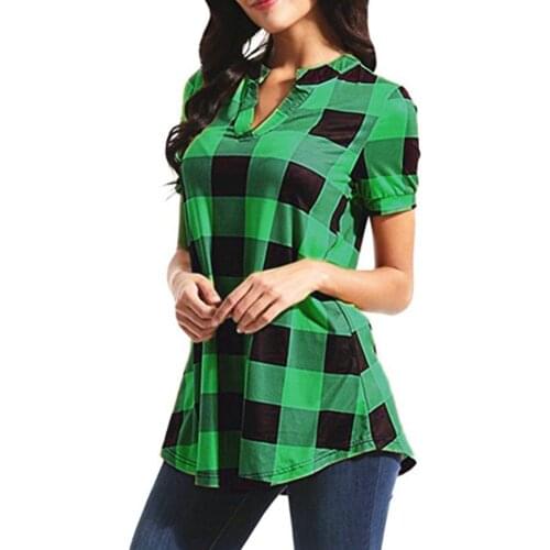 Women Shirt Summer Casual Women Summer fashion V Neck Color Block Plaid Print Short Sleeve Shirt Tunic Top Womens Clothing 2021