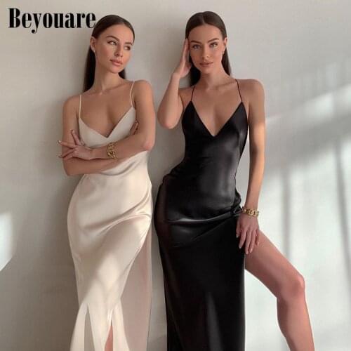 Beyouare Satin Backless Party V Neck Floor-Length Dress Elegant Women Sexy Sleeveless Spaghetti Strap Split Evening Gala Dresses