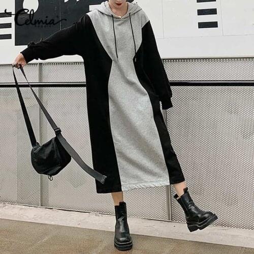 2021 Autumn Winter Women Sweatshirt Dress Celmia Long Sleeve Color Patchwork Hoodies Dresses Casual Loose Pockets Midi Robe 7