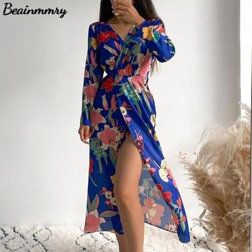 2021 Summer Za Floral Dress Women Vintage Casual Wrap Midi Dresses Fashion Female Sexy V Neck Long Sleeve Lace Up Split Dresses