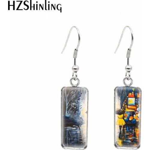 2021 New Rainy Day Rectangular Earring Abstract Art Painting Fish Hook Earrings Glass Cabochon Handmade Jewelry