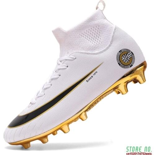 White Golden Men Football Boots High Ankle Soccer Shoe Women Soft Groud Man Trainer Gym Botas De Futbol Socks Cleats Training