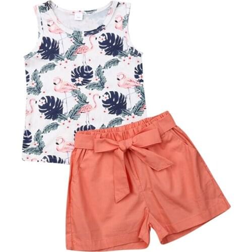 2PCS Kids Baby Girl Holiday Outfits Set Toddler Summer Floral Sleeveless T-shirt Tops+ Knot Shorts Pants Clothes Set Sunsuit