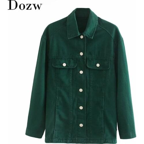 Streetwear Women Solid Cotton Denim Jacket Fashion Turn Down Collar Jeans Coat Long Sleeve Loose Jacket With Pockets