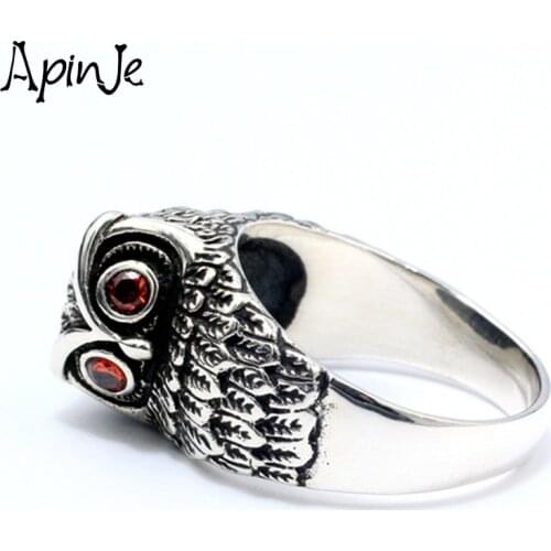 Apinje Fine S925 Sterling Silver Rine for Men And Women Vintage Red Stone Owl Patron Saint Man Fashion Rings