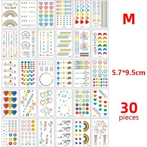 30 Pcs Waterproof Temporary Tattoo Sticker set Cartoon Rainbow Love Heart Geometric Pattern Flash Tatoo Fake Tatto for Men Women