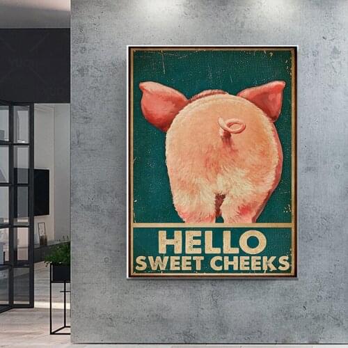 Funny Bathroom Wall Art Posters Print Cartoon Pig Canvas Painting Hello Sweet Cheeks Quote Nordic Pictures Kid Room Toilet Decor
