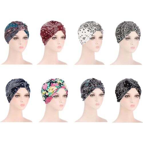 New Vintage Style Stretchy Floral Print Turban Hat Headband Wrap Chemo Bandana Hijab Pleated Indian Cap Muslim Bonnet India Hat