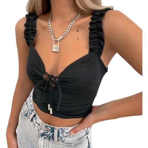 Lace-Up Sexy Women Short Vest Tank Top Deep V-neck Lace Backless Pleated Female Tanks Summer Black White Fashion Ladies Tops