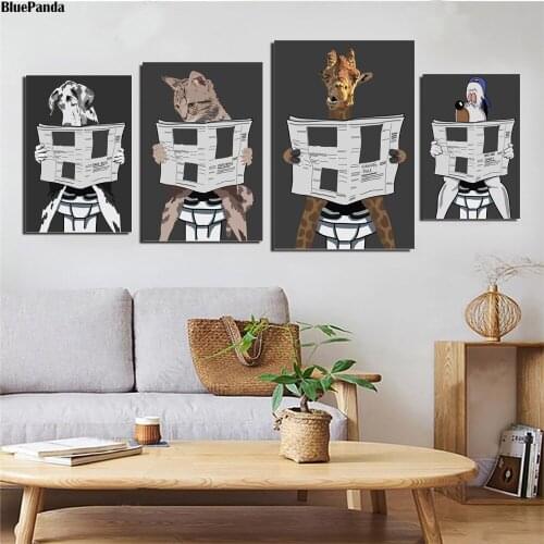 Dog On The Toilet Cartoon Giraffe Cat Funny Bathroom Art Toilet Art Bathroom Canvas Prints Picture For Living Room Decor