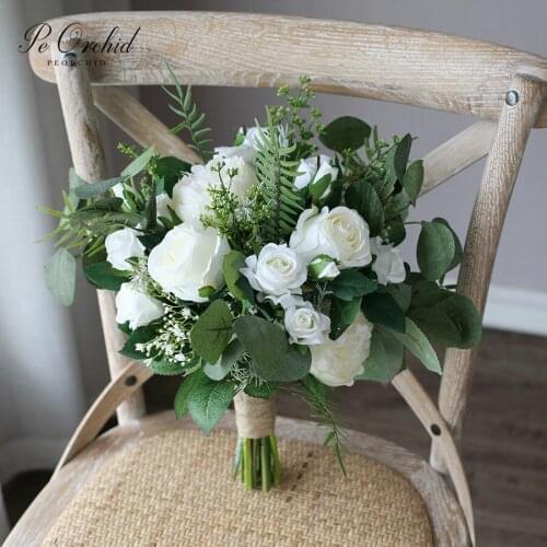 PEORCHID White&Green Wedding flowers Bridal Bouquet Artificial Peony Rose Eucalyptus Bridesmaid Holding flowers Bruids Boeket