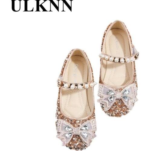 Princess Girls Sequined Shoes Fall 2021 New Rhinestone Bow Children Shoes Girl Soft Bottom Performance Shoes For Kids Falts