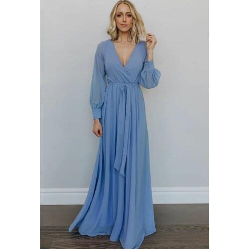 Vintage Long Chiffon Blue Prom Dresses with Pockets A-Line Zipper Back Pleated Abendkleider Robes de Soirée for Women