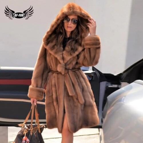 High Quality 90CM Long Genuine Mink Fur Jacket With Hood Thick Warm 2020 Winter Wholeskin Real Mink Fur Coat With Belt For Women