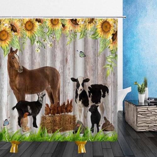 Farm Animal Shower Curtains Horse and Cow Poultry Animals Farmhouse Cartoons Wild Cattle Sunflower Flower Plant Bathroom Decor