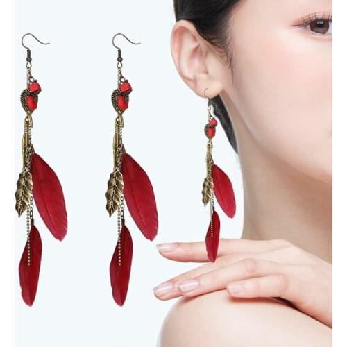 New Arrival Vintage Jewelry Earrings For Women Ethnic Style Handmade Wooden Bead Leaf Chain Feather Tassel Long Red Eardrop