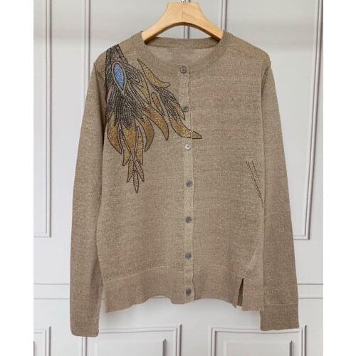 Phoenix Birds Pattern Women Linen Knitted Cardigan 2021 New Lady Long Sleeve Knitted Sweater Outwear Single-Breasted Knitwear