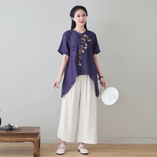 Women yoga set cotton linen embroid loose sweatshirt+pant jogger fitness workout casual tai chi kungfu meditation set sport suit