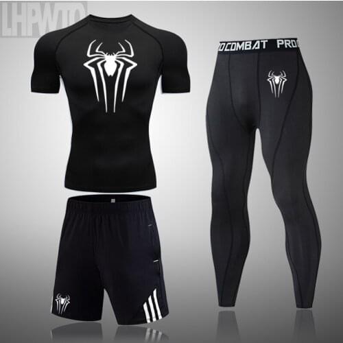 Brand 3/Pcs Set Mens Workout Sports Suit Gym Fitness Compression Clothes Running Jogging Sportswear Exercise Short Sleeve Men