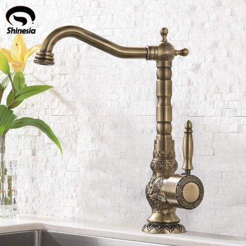 Antique Brass Kitchen Faucet Mixer Tap Single Handle Free Swivel Kitchen Hot And Cold Water Tap Single Hole Single Handle Faucet