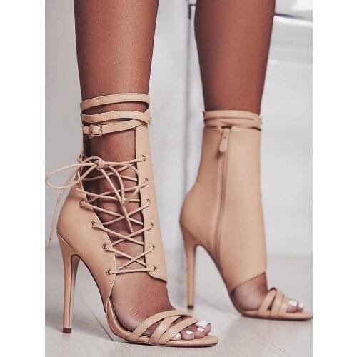 Summer Roman Buckle Strap Shoes Women Sandals Sexy Gladiator Cross-Tied Lace Up Peep Toe High Heels 12 CM Ankle Boots Apricot