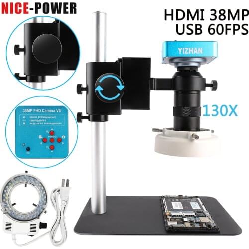 1080P Digital HDMI VGA Industrial Microscope Camera sets 130X C mount Lens+LED Ring Light solder phone PCB IC Repair tools