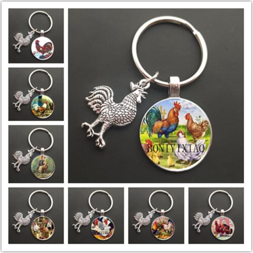 Floral Chicken Rooster Glass Cabochon Keychain Cute Chicken Glass Key Ring Lovely Animal Cock Purse Bag Key Holder for Women