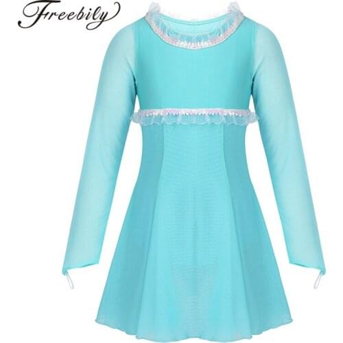 Kids Girls Long Sleeves Sequins Ruffles Trimming Figure Ice Skating Dress Children Gymnastics Leotard Ballet Dance Costume