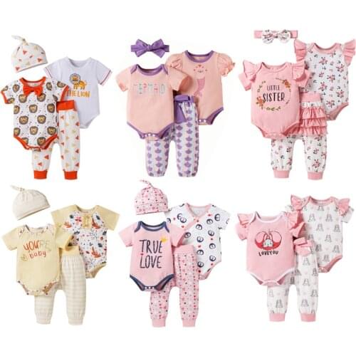 FOCUSNORM Newborn Baby Girls Boys Clothes Sets 3pcs/4pcs Cartoon Animal/Floral Printed Romper 2pcs+Pants Headband/Hats
