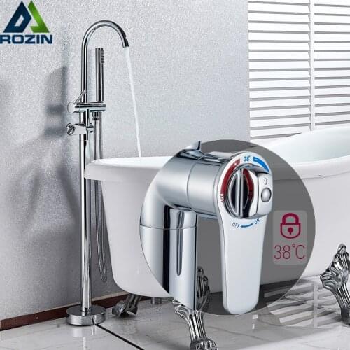 Chrome Thermostatic Bathtub Faucet Freestanding Bath Shower Set Rotate Spout Floor Mounted Tub Mixer Tap Plastic Handshower