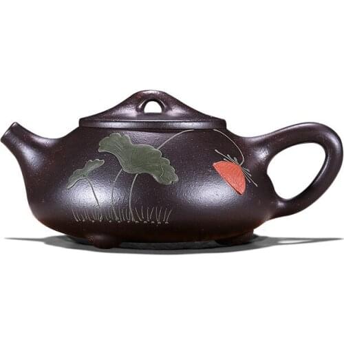 Yixing genuine purple sand teapot Raw ore black gold sand lotus leaf stone scoop pot ， Chinese Kung Fu tea set supplies 250 ml