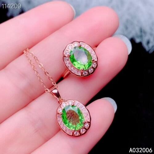 KJJEAXCMY Fine Jewelry 925 Sterling Silver Inlaid Natural Peridot Gemstone classic Ring Necklace Pendant Set Support test