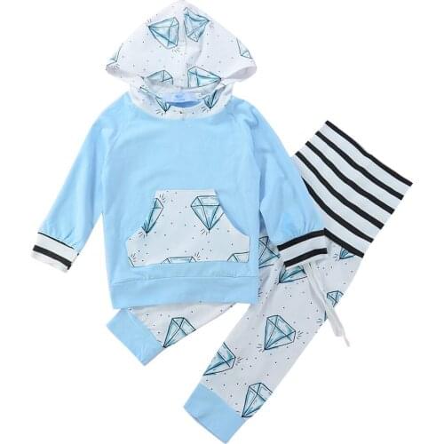 Baby Boys Cotton Diamond Printing Tops Pants Set Blue Casual Stitching Clothing with Hat Autumn Winter Long Sleeve Outfits
