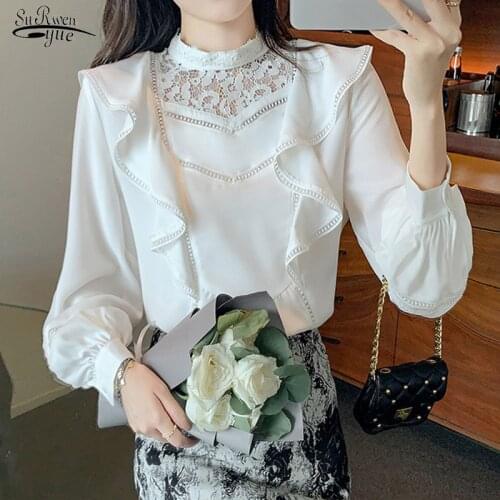 Autumn Fairy White Lantern Sleeve Top Stand-up Collar Lace Chiffon Shirt Elegant Crochet Hollow Ruffled Long Sleeve Blouse 16994