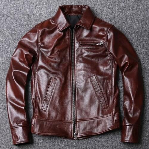 Spring Special Offer Mens Cow Leather Oil Wax Genuine Leather Clothes Short Slim Fit Biker Leather Jacket Wine Red Coat Men