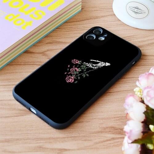 For iPhone Black Skull Flower Print Soft Matt Apple iPhone Case 6 7 8 11 12 Plus Pro X XR XS MAX SE