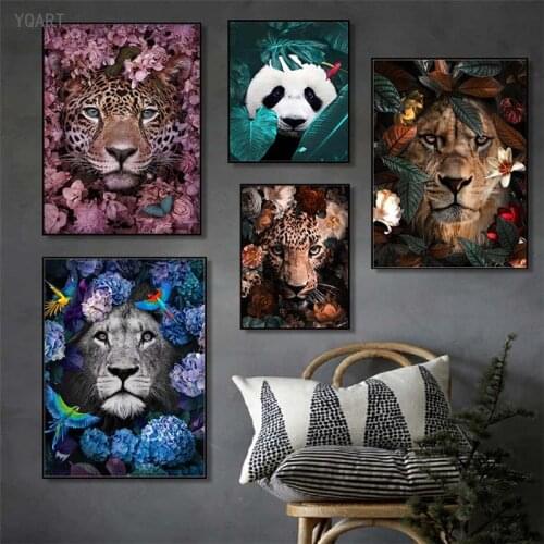 YQART Nordic Flower Animal Posters Lion Tiger Deer Leopard Canvas Painting Wall Art Printing Pictures for Home Living Room Decor