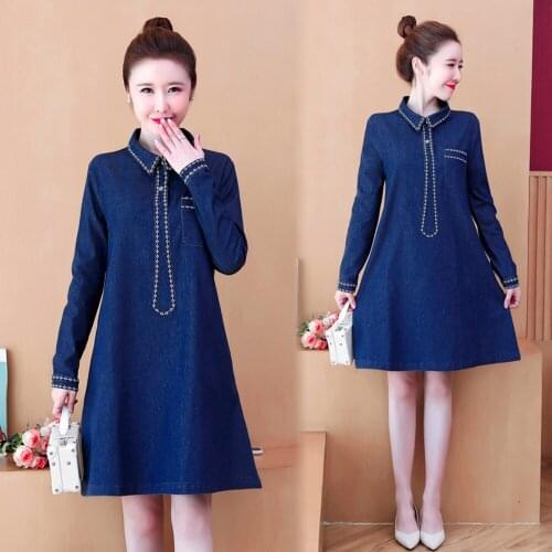 New Spring Autumn Women Dresses Plus Size 5XL Turn-Down Collar Solid Loose Collect Waist Jeans Dress For Female Cowboy One-Piece