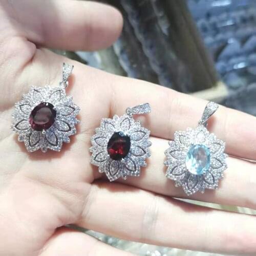 Pure natural gemstone zircon luxury inlaid garnet topaz pendant crystal s925 silver exquisite wholesale neacklace bizuteria takı